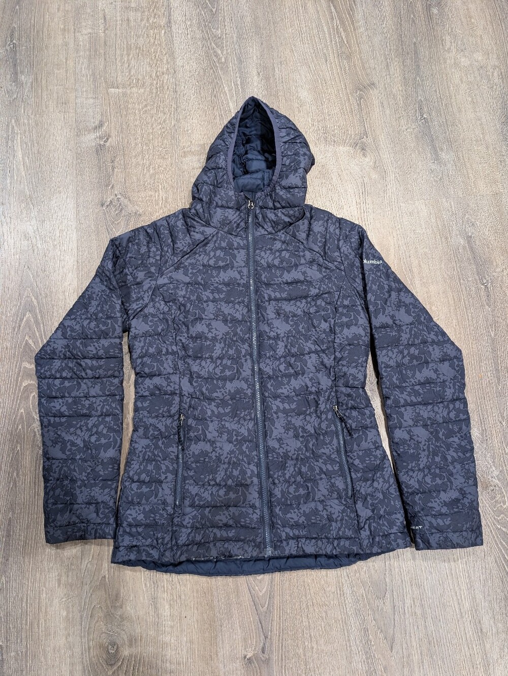 Columbia Powder Lite Omni-Heat Hooded Puffer Jacket Camo Gray Women's Small
